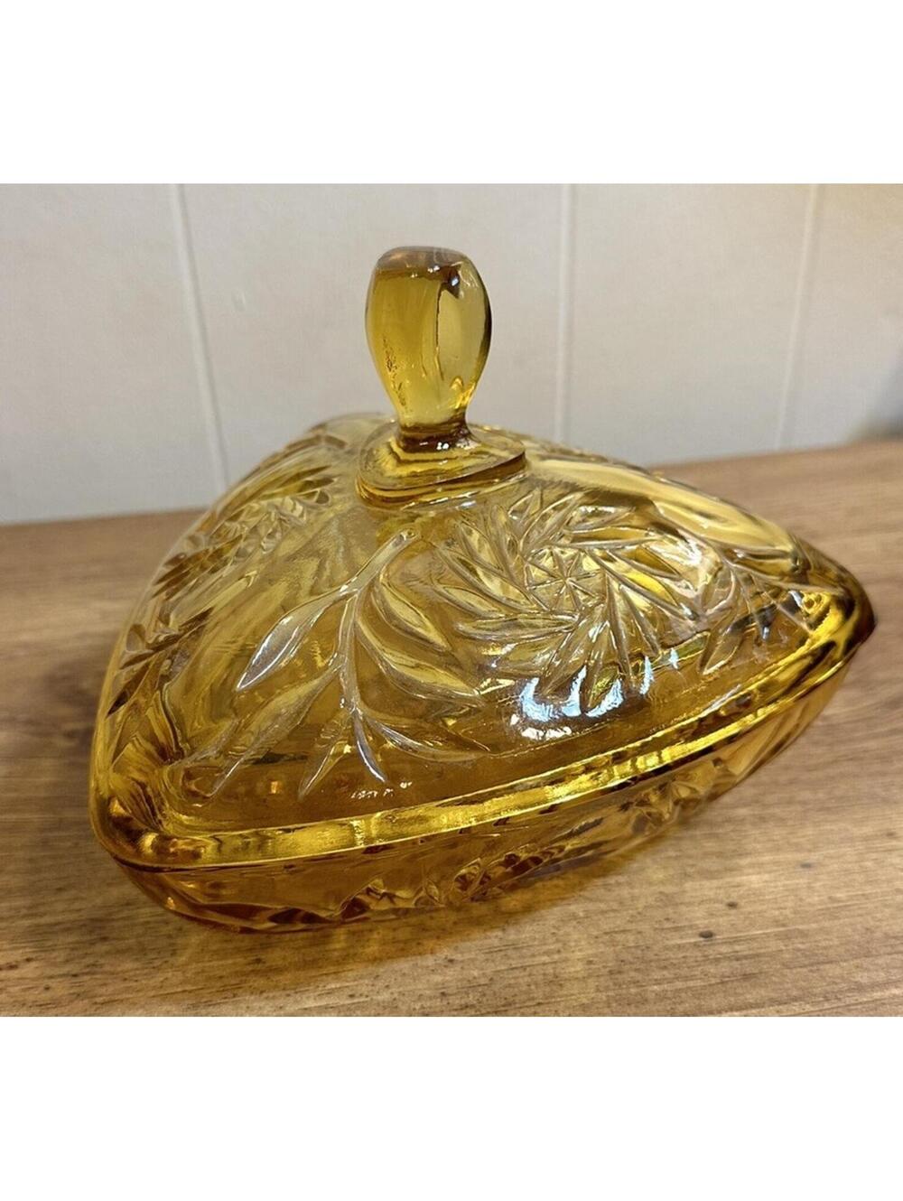Vintage Hazel Atlas Amber Glass Triangle Candy Dish Bowl w Lid Pinwheel Design